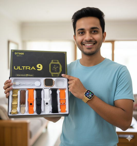 DT 900 Ultra 9 Golden edition Premium smartwatch (বক্সে থাকছে ১টি ঘড়ি, ৭টি বেল্ট, এবং ১টি ওয়াচ কভার।) কিছু সময়ের জন্য অফার